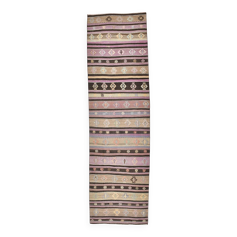 3x10 Pastel Pink & Brown Striped Kilim Runner Rug, 90x315Cm