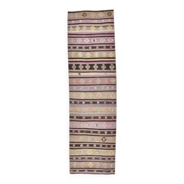 3x10 Pastel Pink & Brown Striped Kilim Runner Rug, 90x315Cm