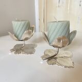 Set of 2 Silver Candle Holders - Tulip Shape on Vine Leaf