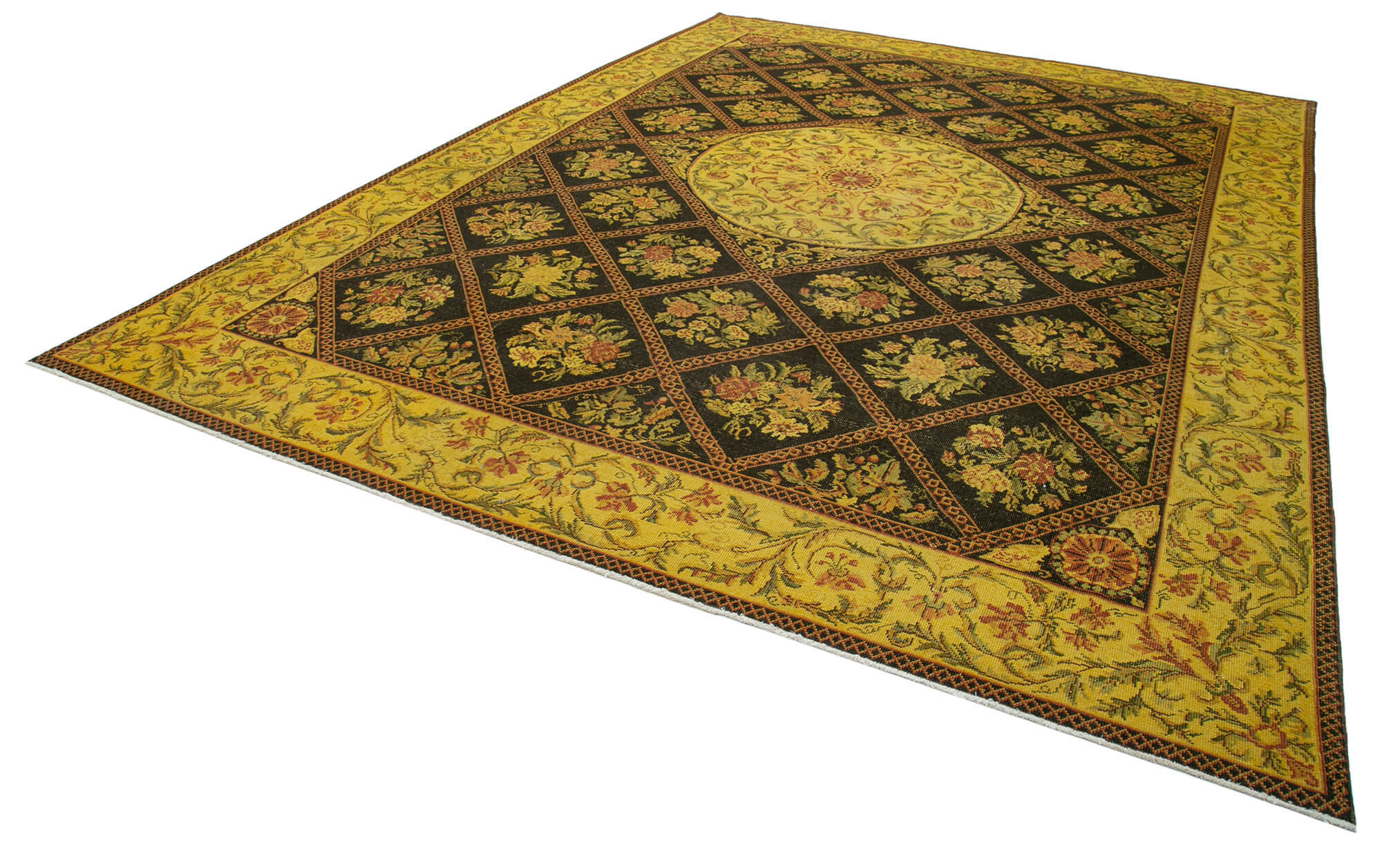 Handwoven persian overdyed 291 cm x 404 cm yellow wool rug