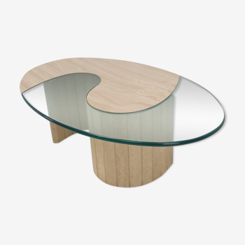 Table basse italienne en travertin et verre, années 1980