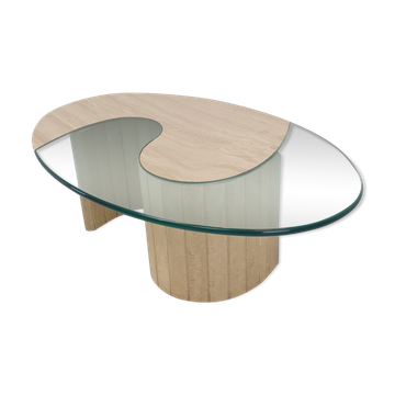 Italian travertine and glass coffee table, 1980's