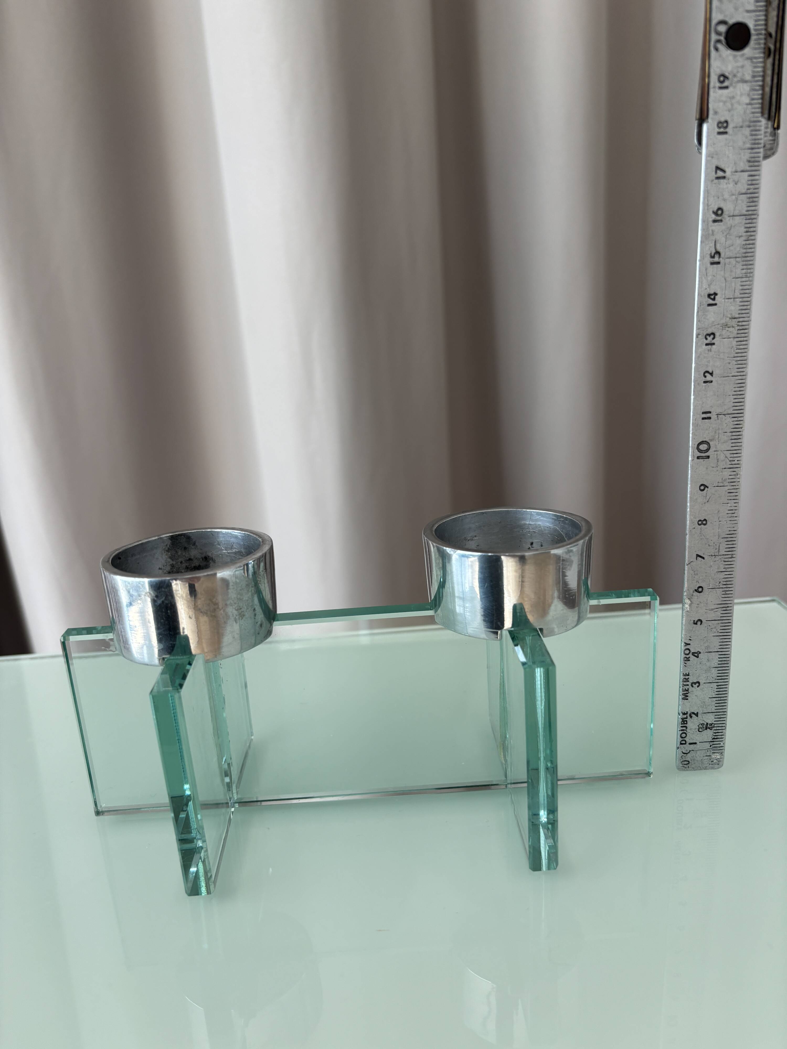 Postmodern double candlestick in glass and chrome metal