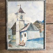 Aquarelle 1920, cadre bois sculpté argenté