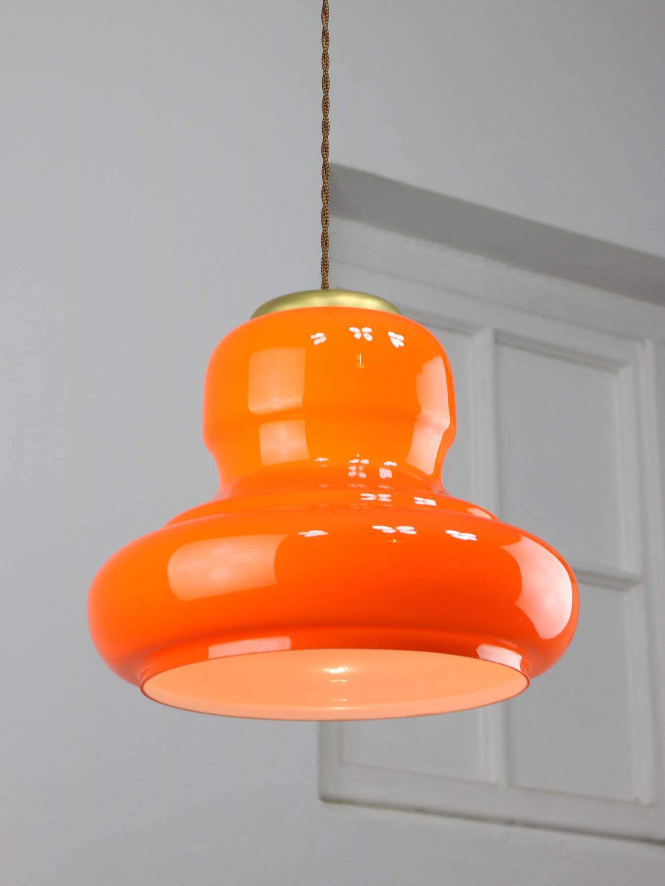Mid-Century Italian Orange Glass and Brass Pendant Lamp