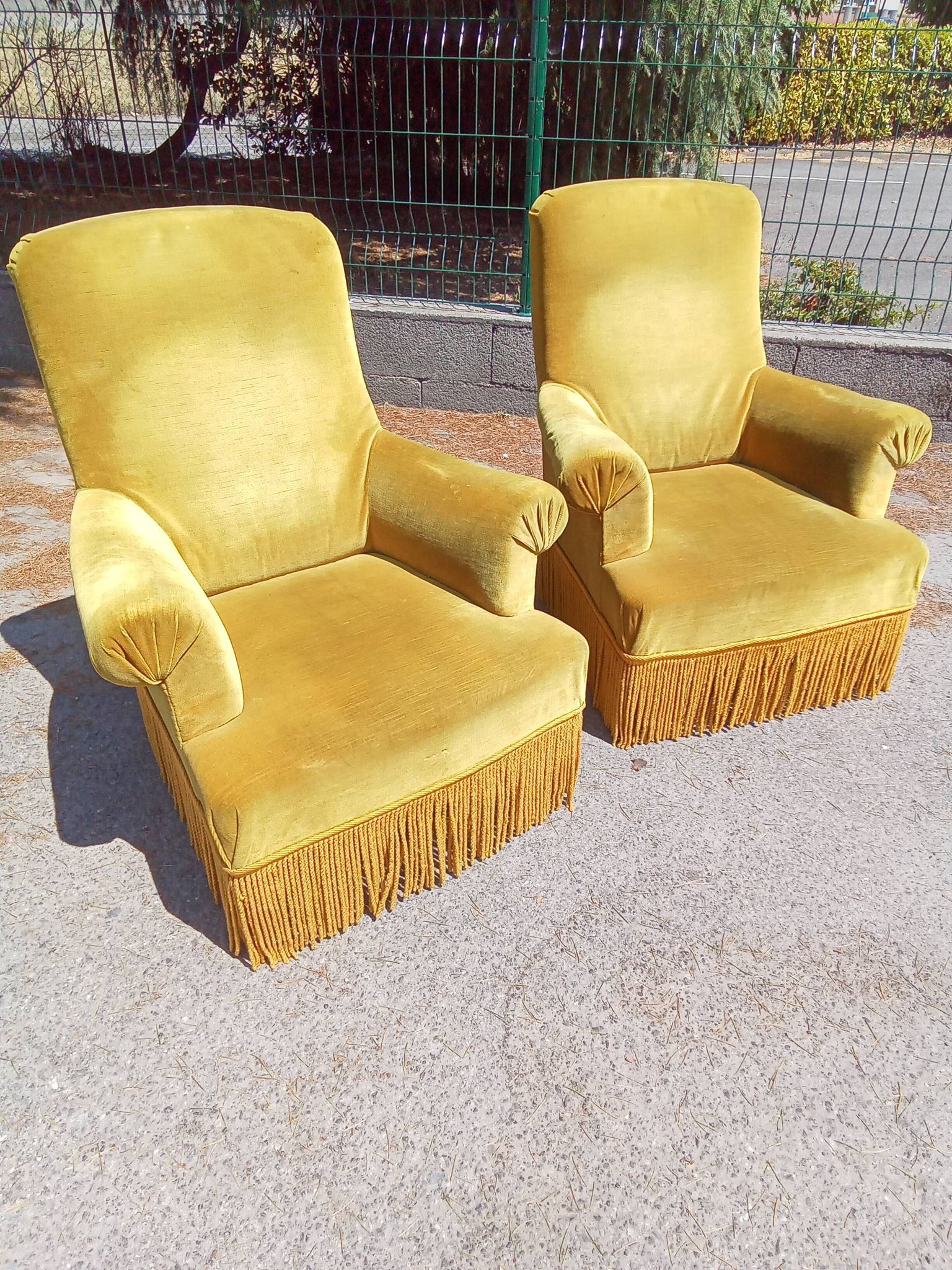 Pair of armchairs with golden velvet fringes