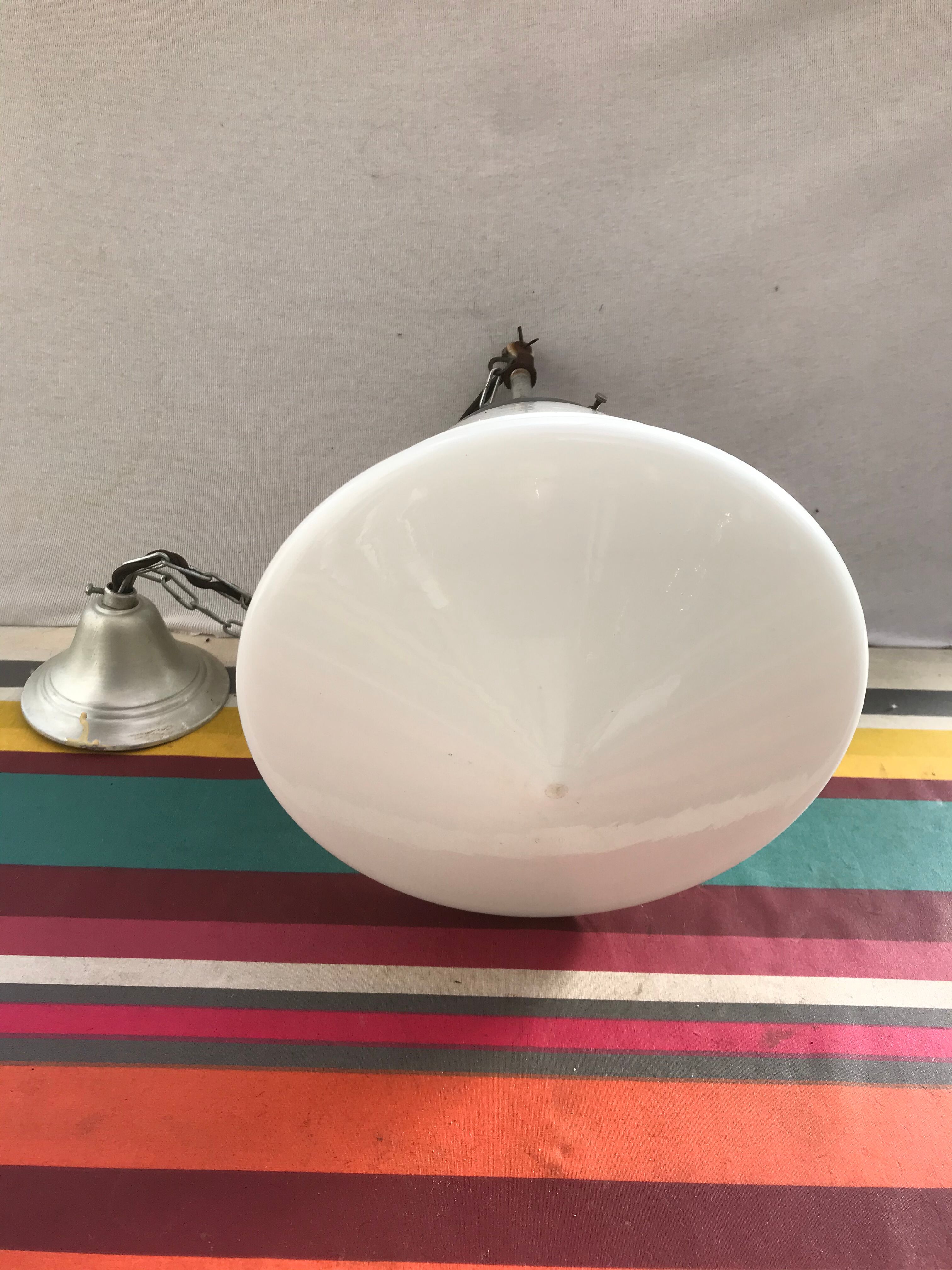 Old white opaline suspension - alu support 50 years vintage