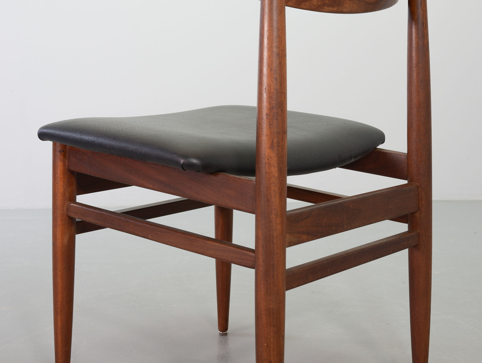 Danish Solid Teak Wooden Dining Chairs with Black Leatherette Seating 1960s