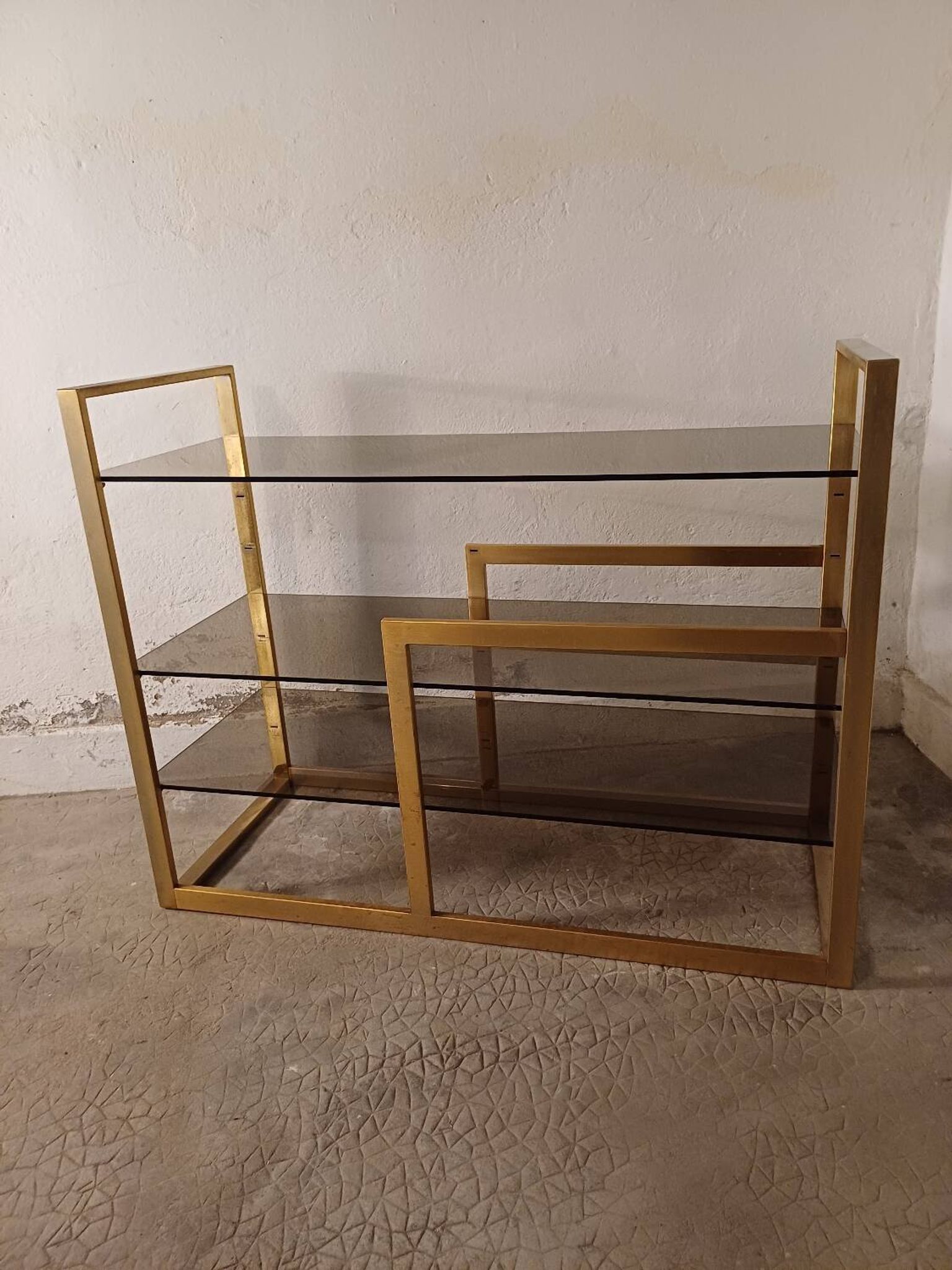 Brass shelf, smoked glass