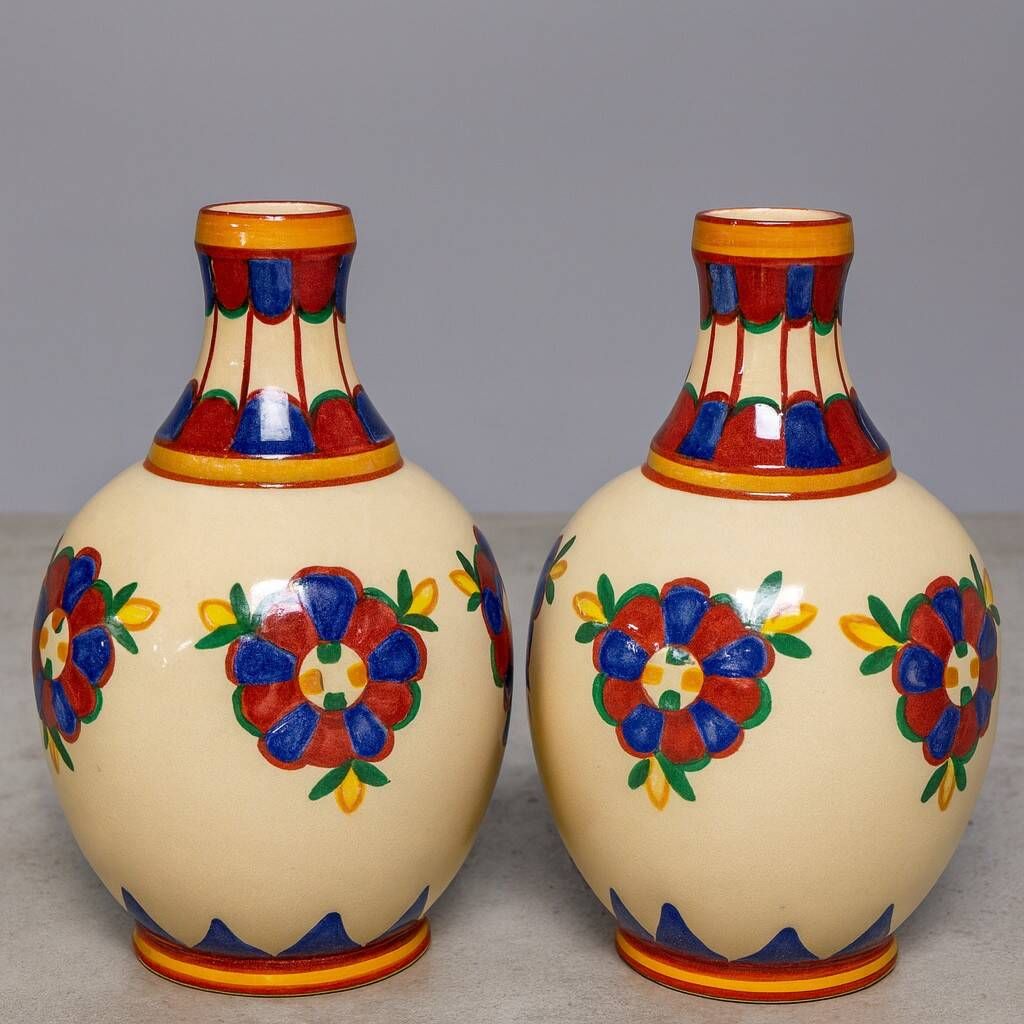 Desvres by Henri Delcourt: pair of signed Art Deco vases.