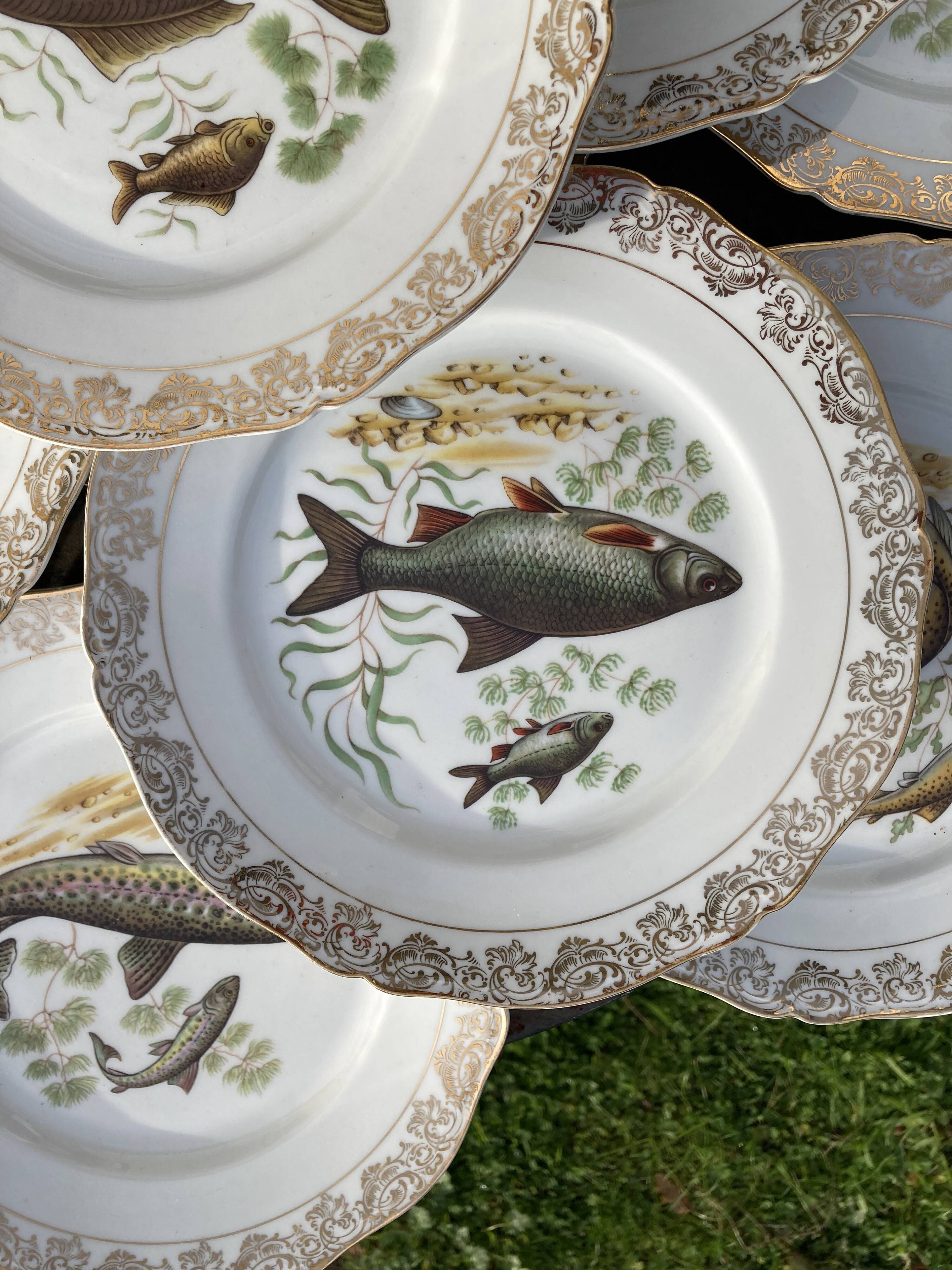 11 vintage Limoges porcelain fish plates