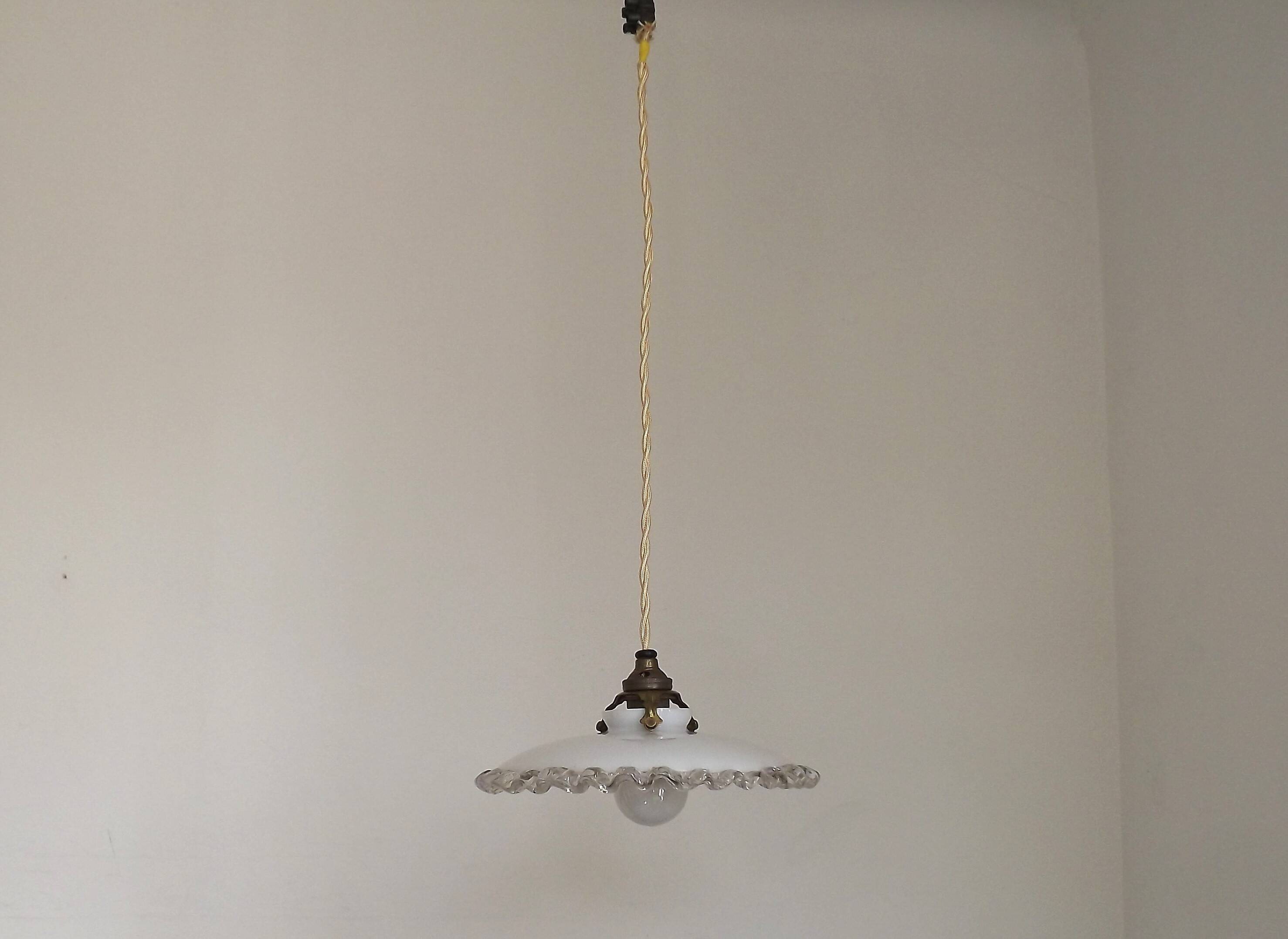 Vintage French Art Deco Opaline Glass Pendant Light Clear Frilled Edge