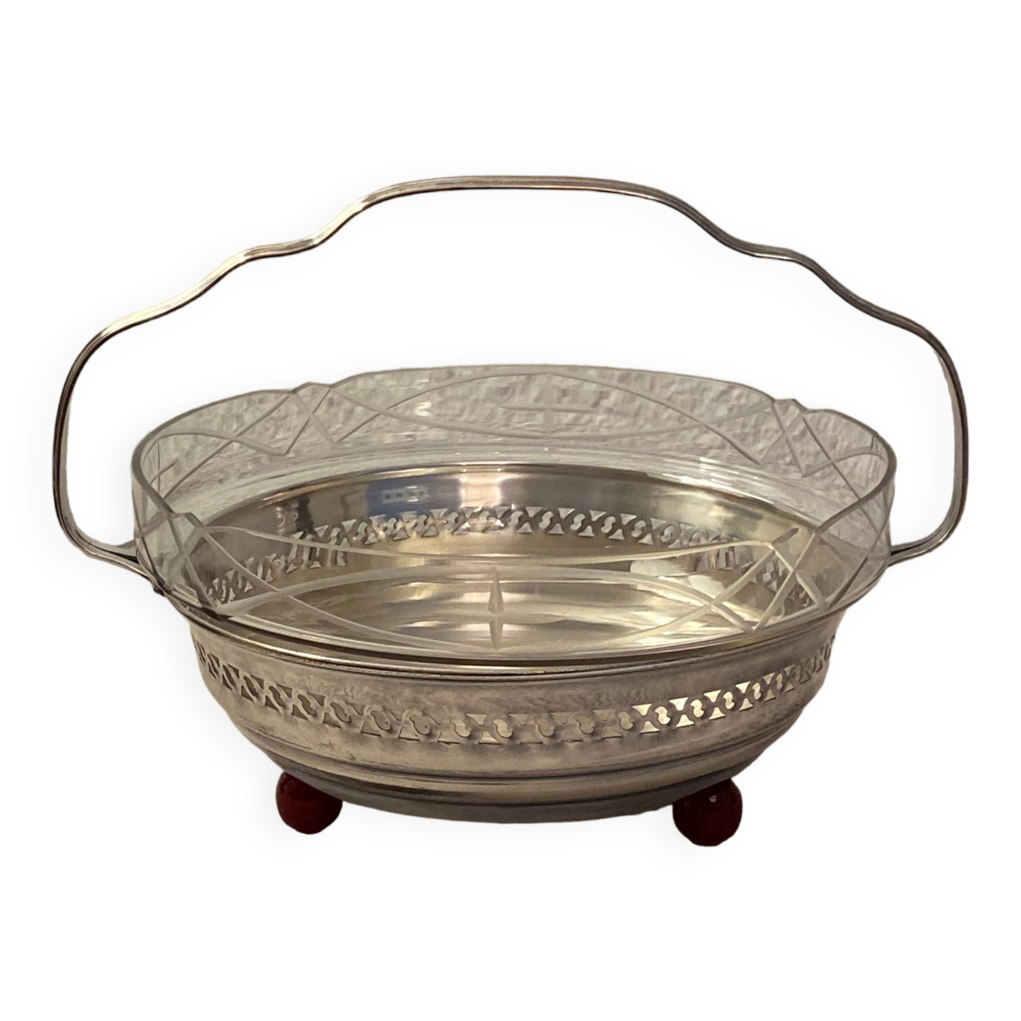 Art Deco fruit bowl in silver-plated metal and glass