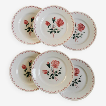 Assiettes plates rétro Badonviller, rose rouge