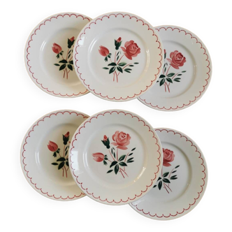 Assiettes plates rétro Badonviller, rose rouge