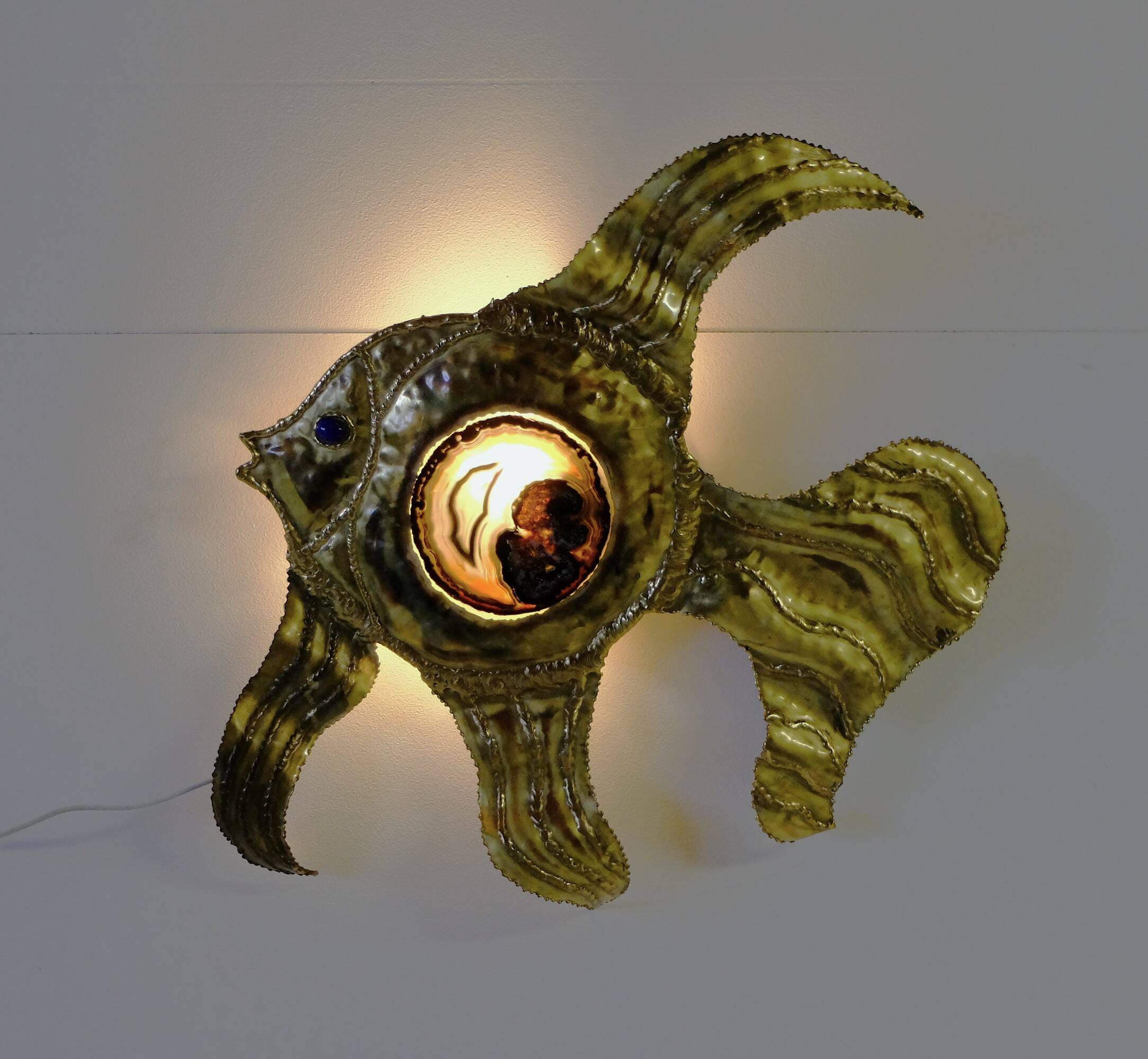 Henri Fernandez, Brass Fish Wall Lamp, Signed