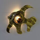 Henri Fernandez, Brass Fish Wall Lamp, Signed