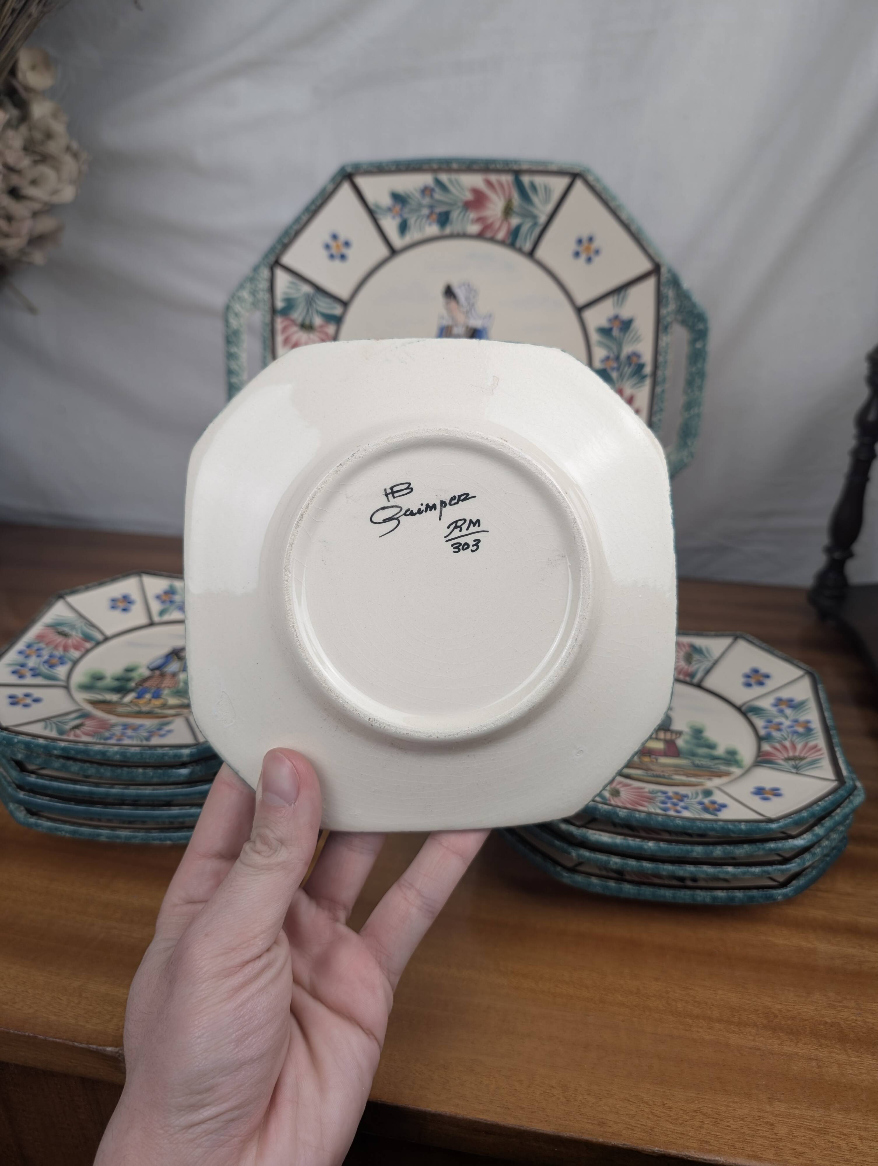 Henriot Quimper RM Octagonal Dessert Service Breton Couple Art Deco Style