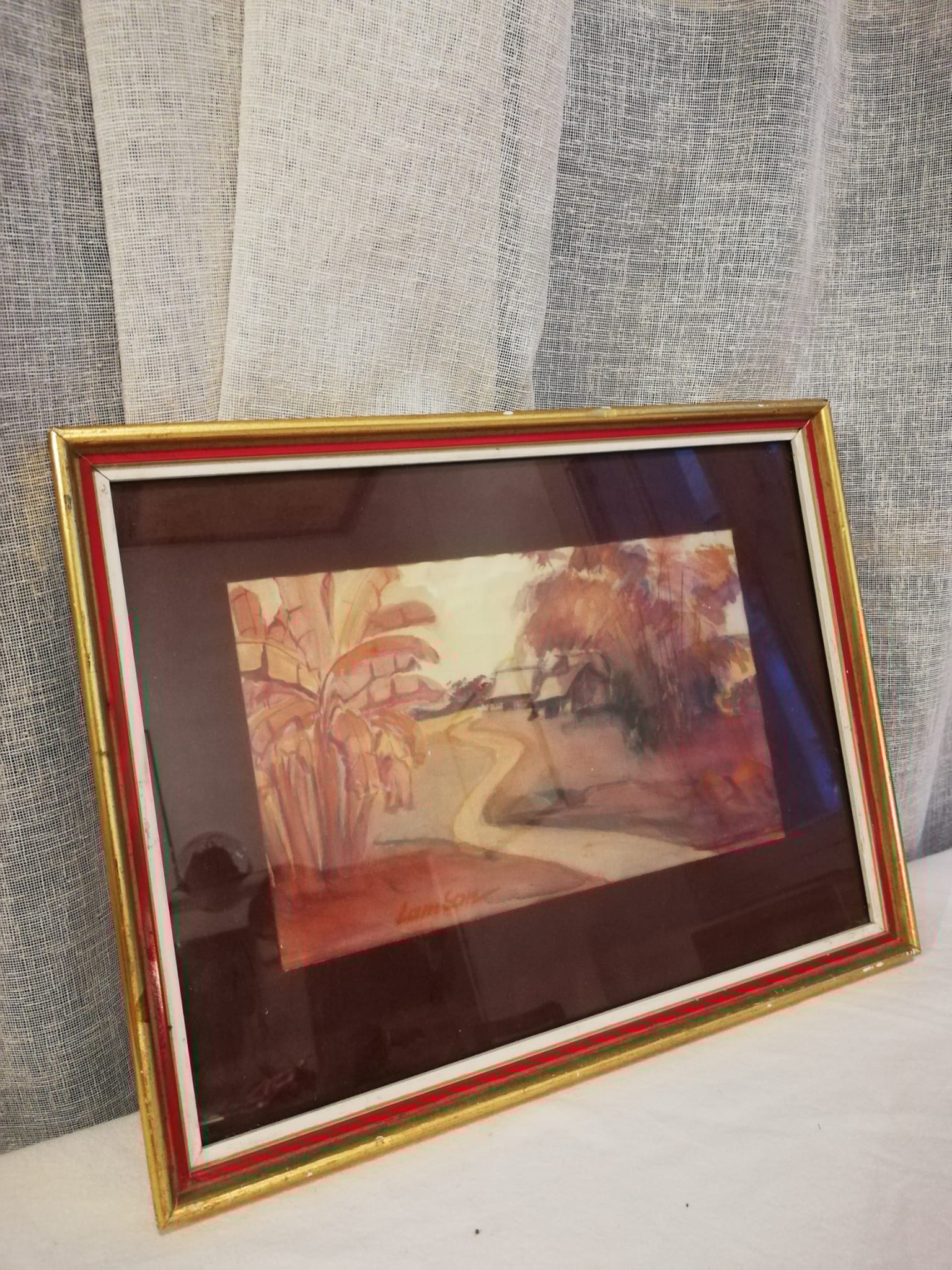 Antique painting, watercolor on silk, depicting a banana plantation with two Creole houses