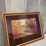 Old painting, watercolor on silk, representing a banana plantation with two Creole houses