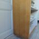 Vintage oak veneer bookcase, pearl gray interior, metal legs