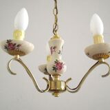 french vintage 3 light porcelain with rose decoration & gold metal chandelier cream shades