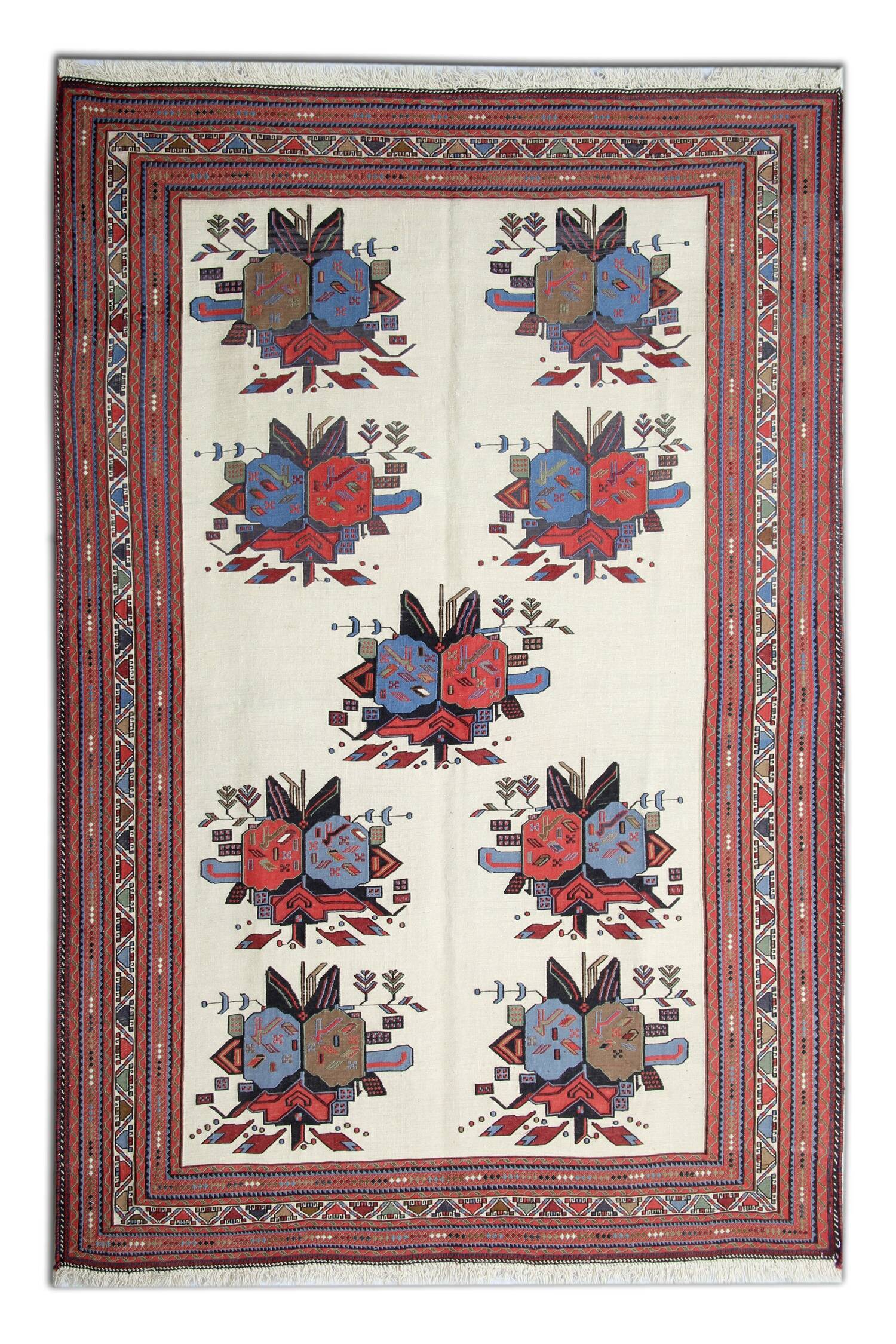 Afshar Sumakh Kilim Rug Cream Floral Design Handmade Wool 212x120cm