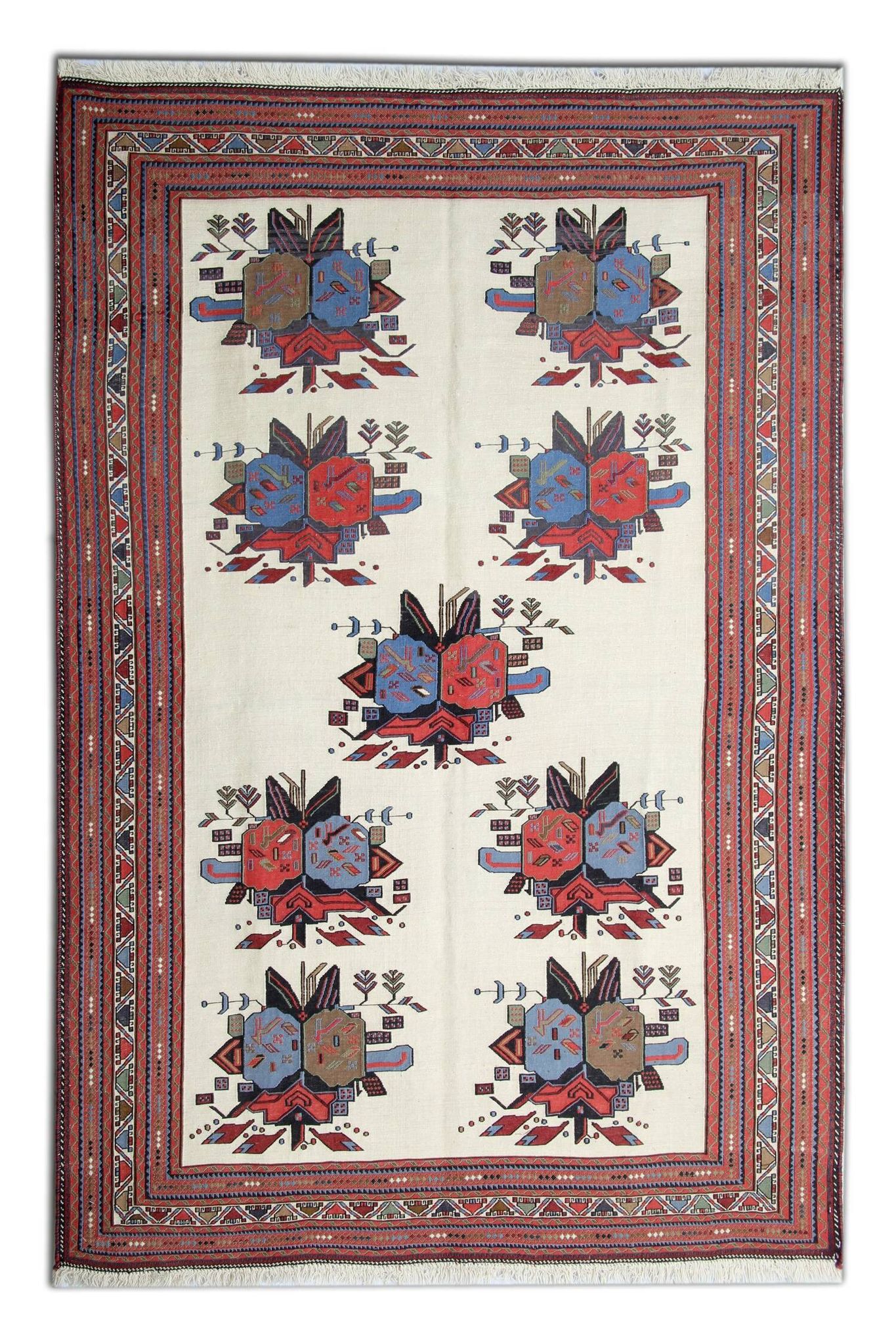 Afshar Sumakh Kilim Rug Cream Floral Design Handmade Wool 212x120cm