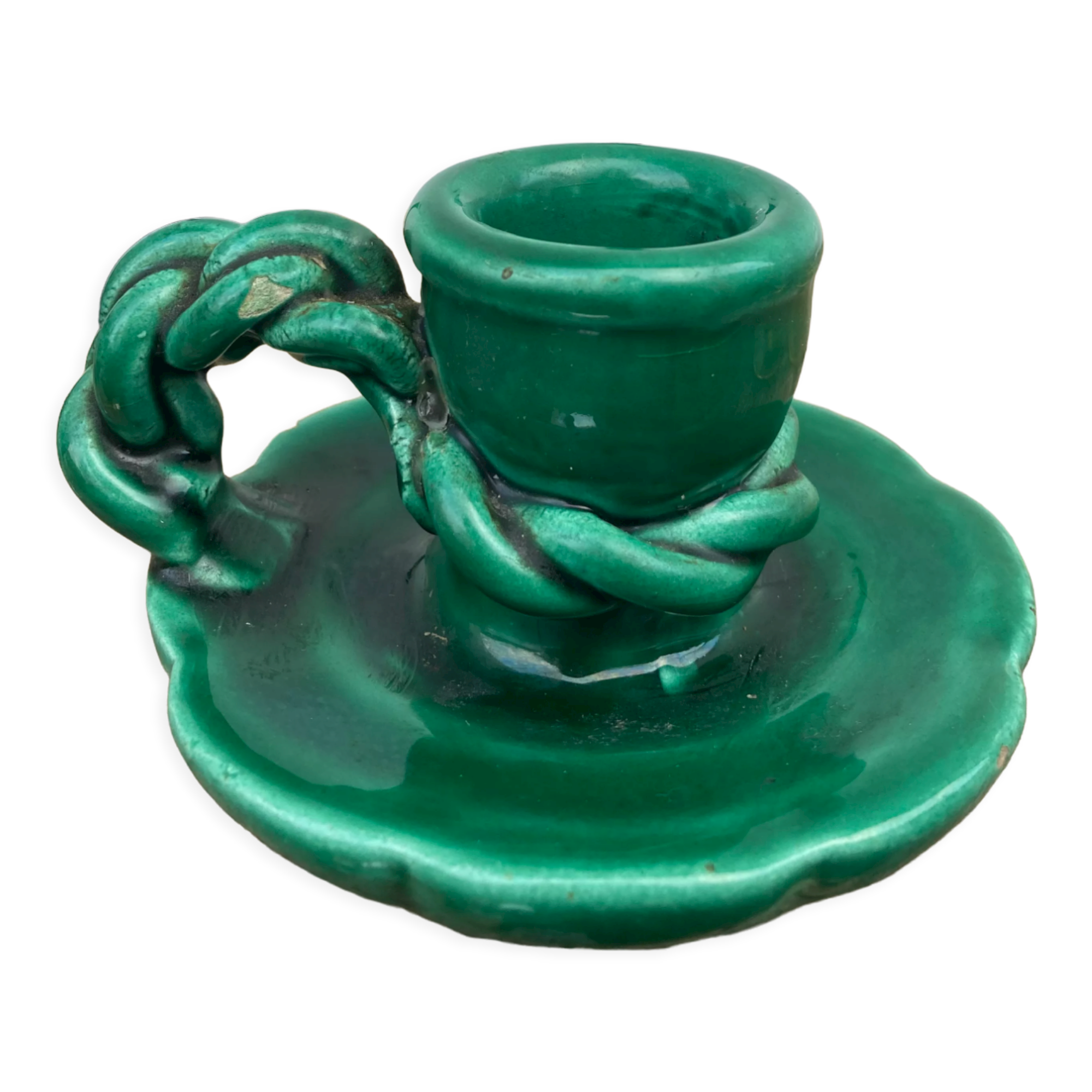 Vallauris candle holder in vintage green ceramic 1970
