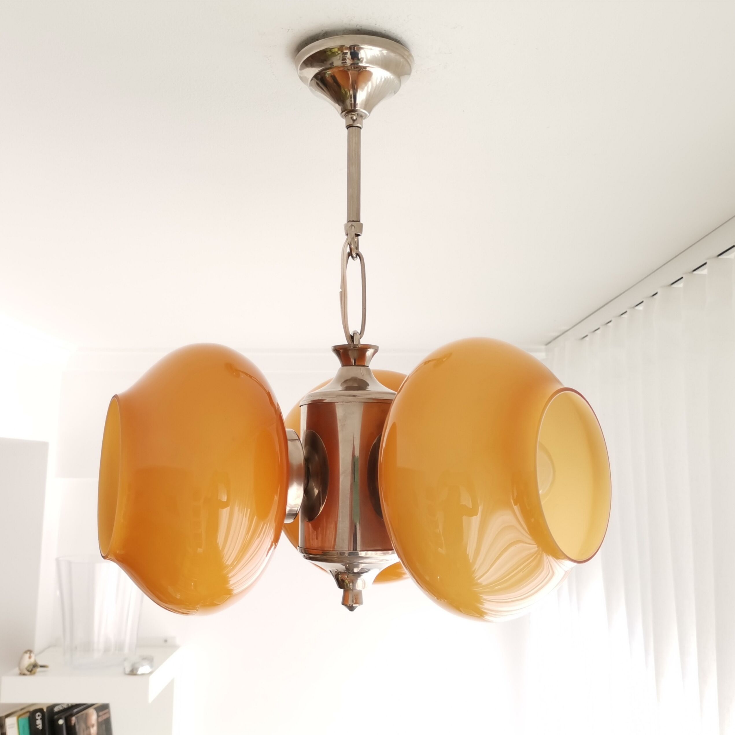 Vintage mid century modern 3-light orange glass chandelier
