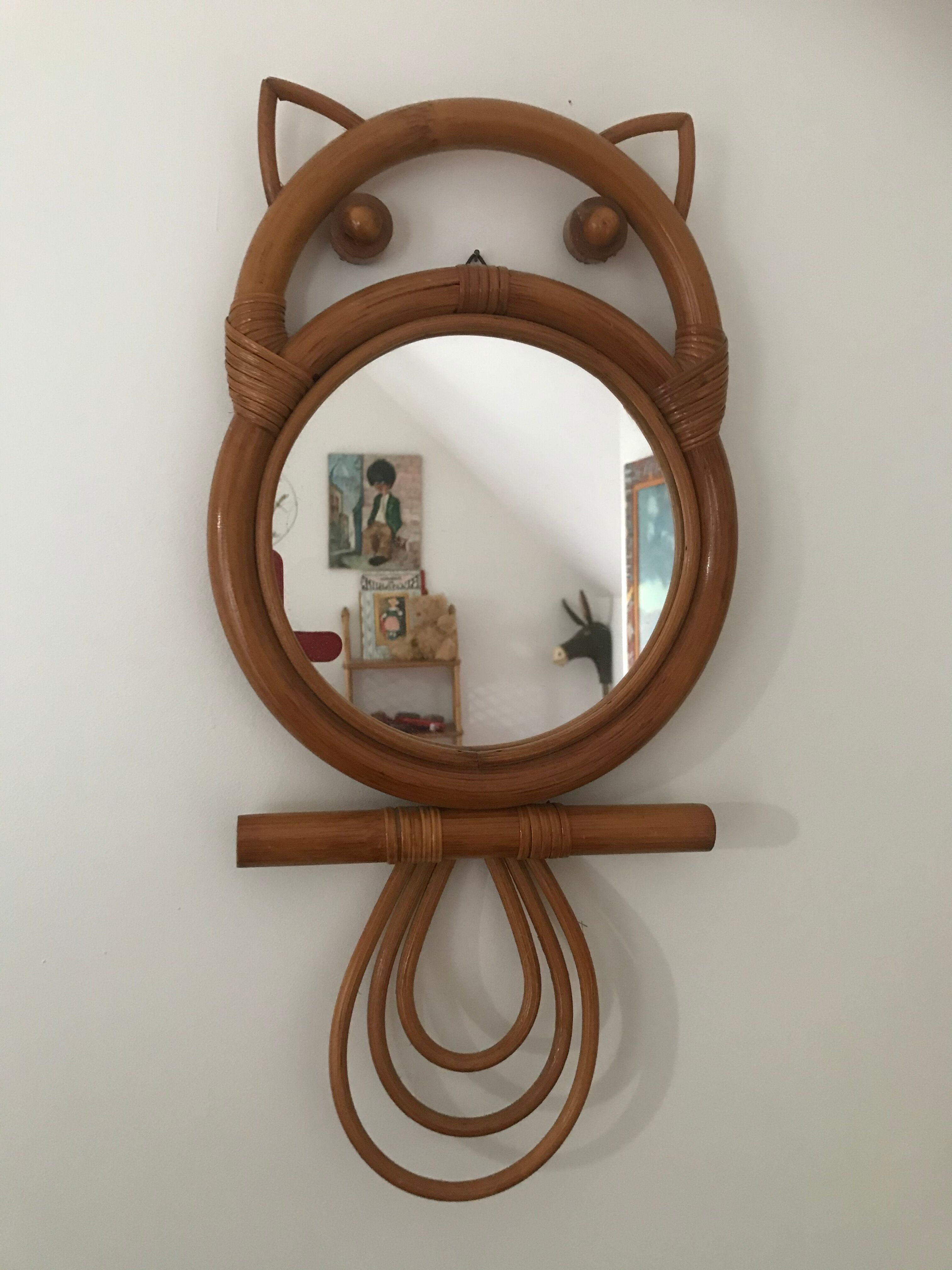 Owl rattan mirror, 46x22cm