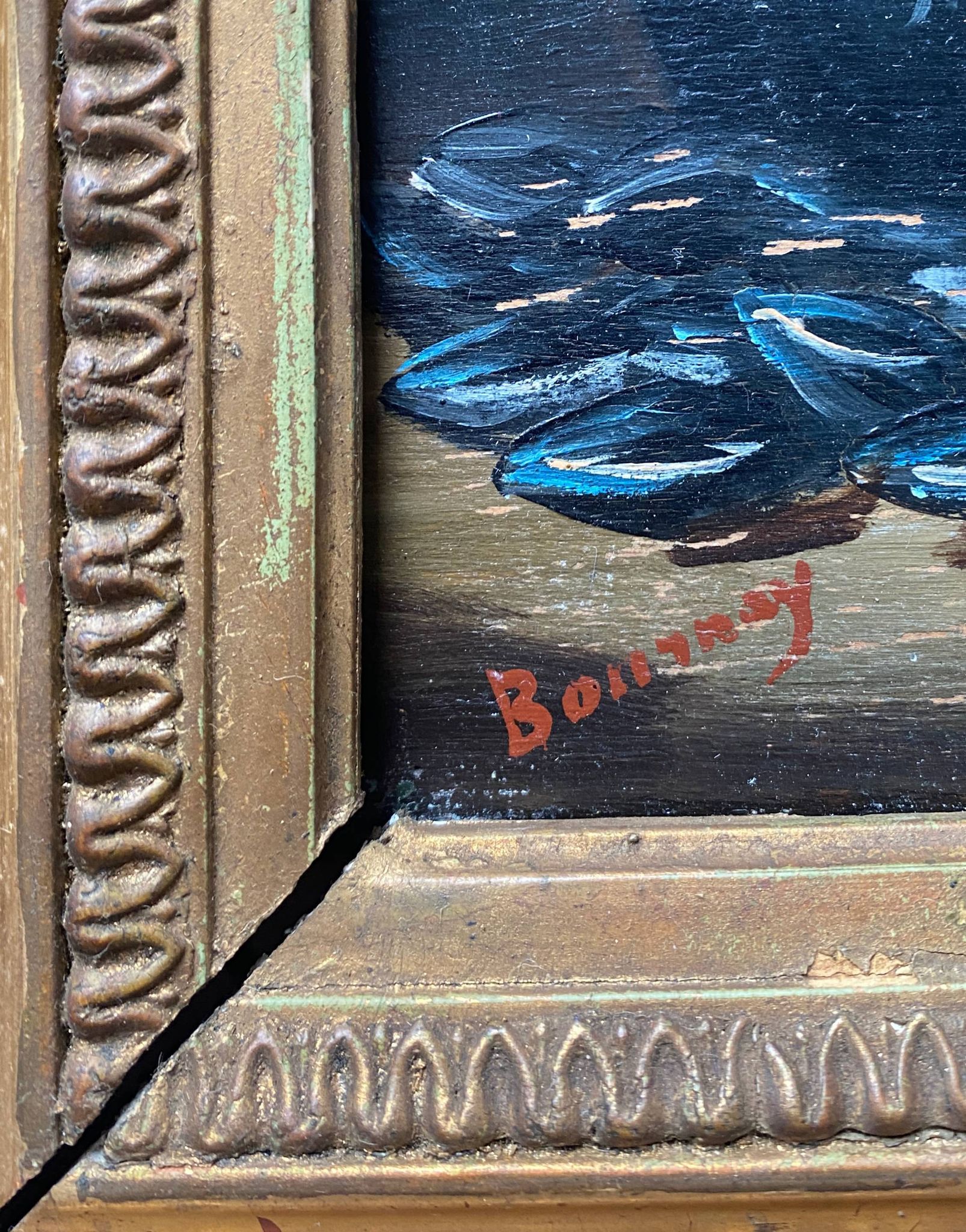 HSP painting "Still life with mussels and lobster" 19th century signed Bournay + frame