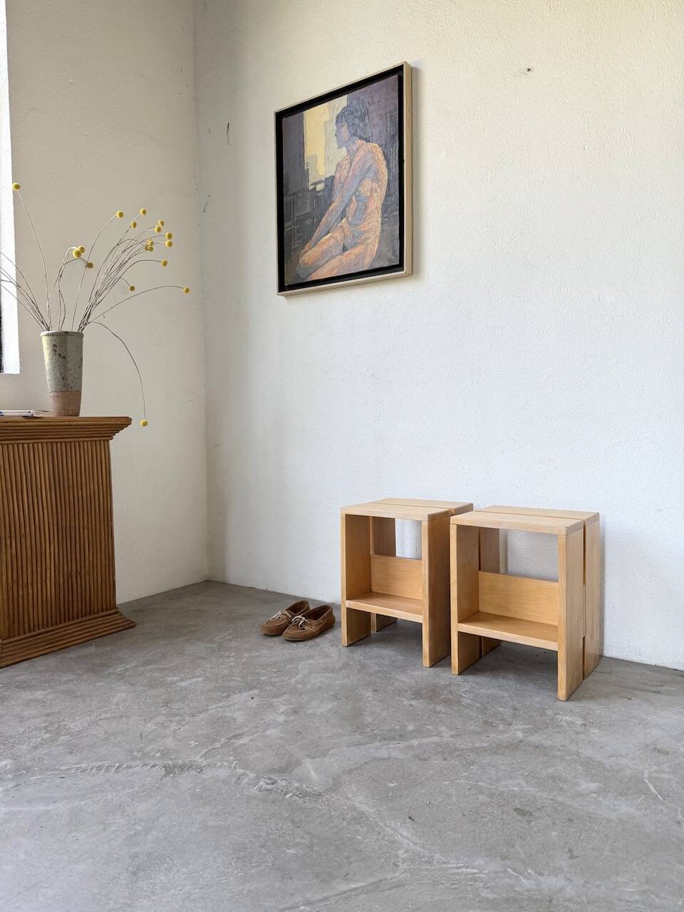 Pair of pine stools or bedside tables, mountain furniture, 1950s