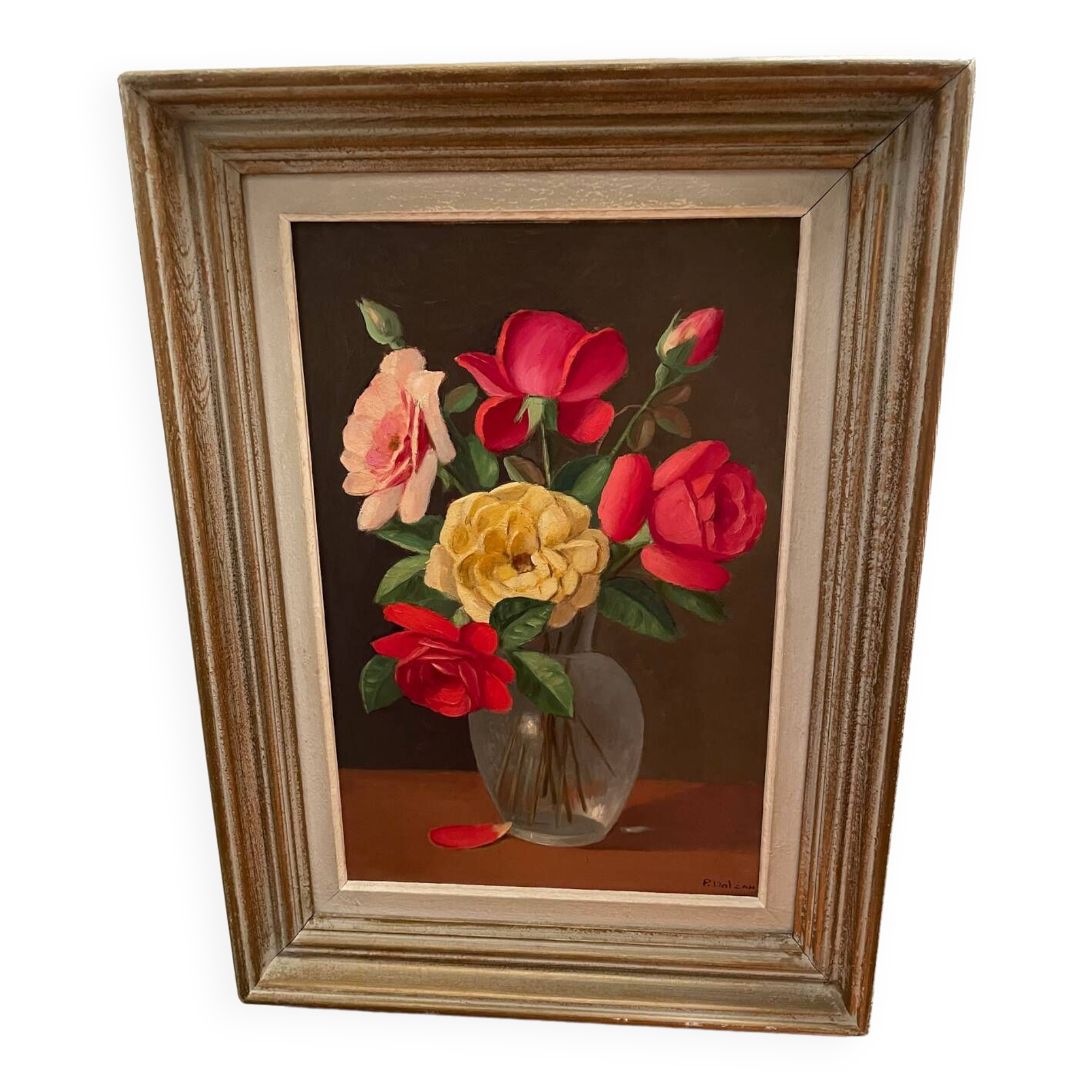 Painting bouquet of roses signed Primo Dolzan