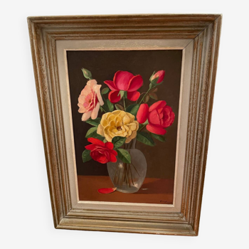 Painting bouquet of roses signed Primo Dolzan