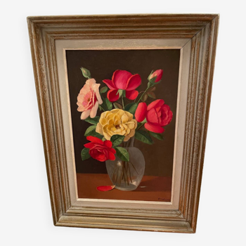 Tableau peinture bouquet de roses signé Primo Dolzan