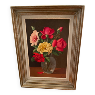 Tableau peinture bouquet de roses signé Primo Dolzan