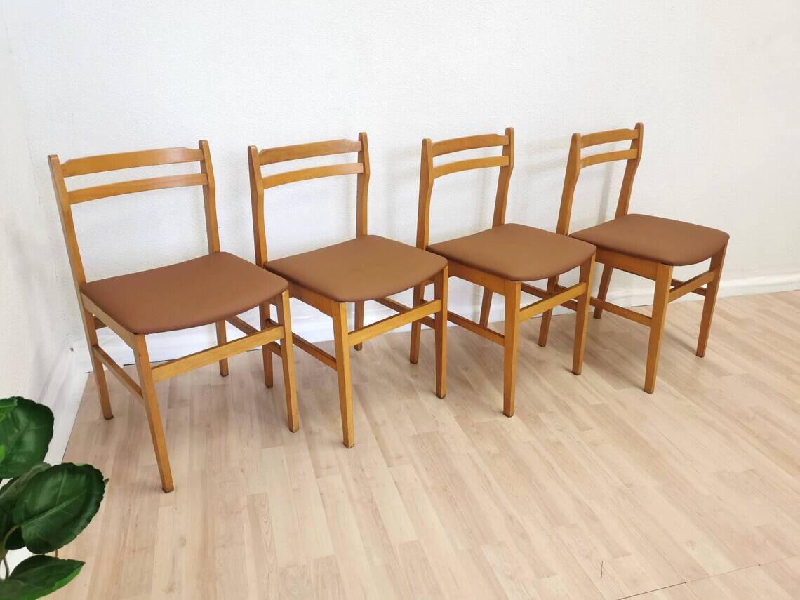 Set of 4 Vintage Branko Ursic Dining Chair: 1970s Scandinavian Wood & Brown