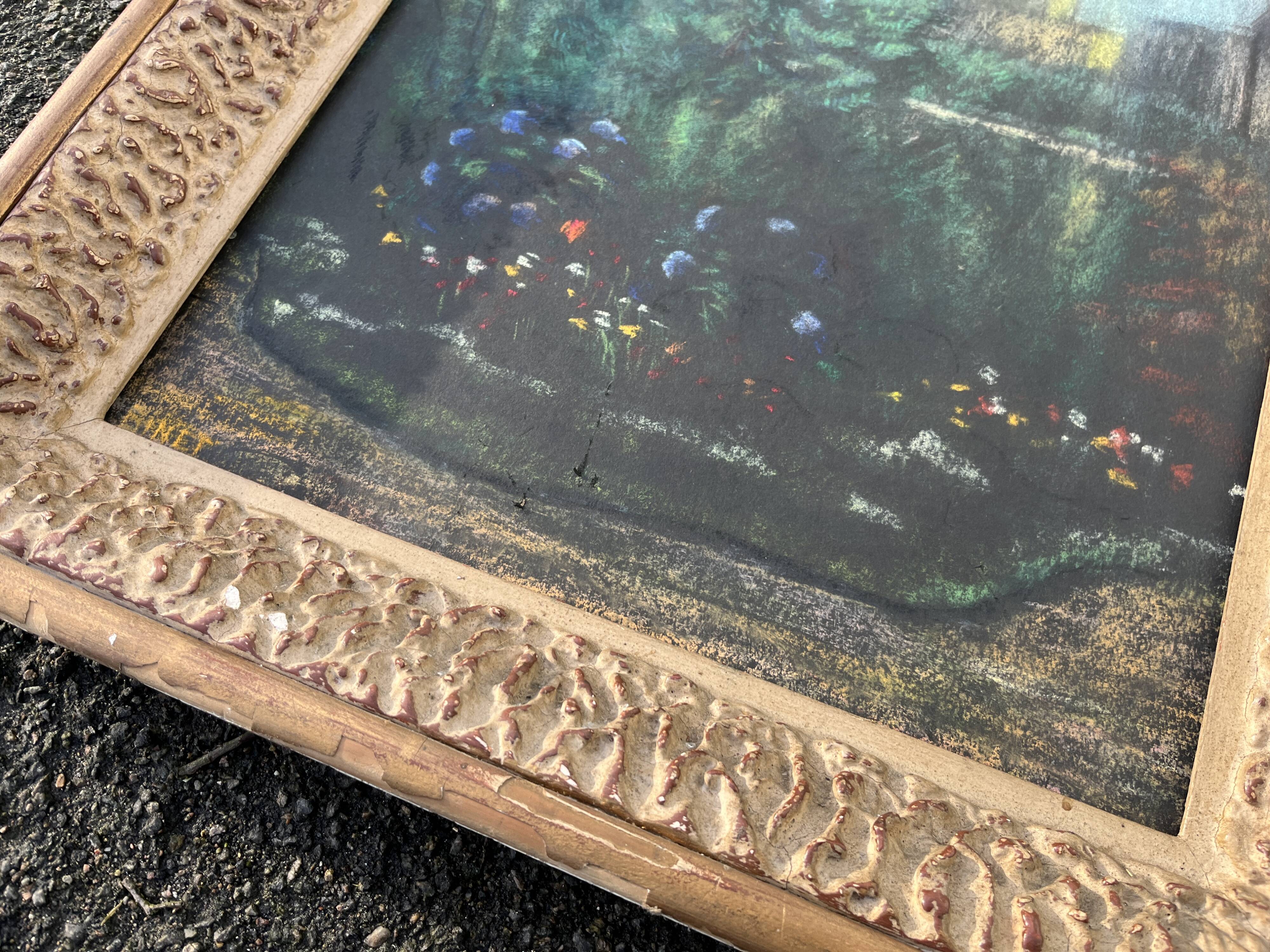 Old large pastel tableau - Scene of a wooded and flowered garden