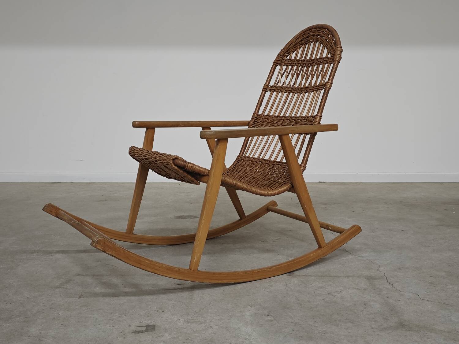 Rocking chair made of wood and wicker by ULUV from Czechoslovakia 1970