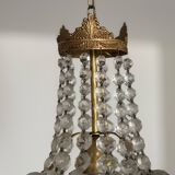 Lustre corbeille ancien en laiton et pampilles – Art déco années 1930