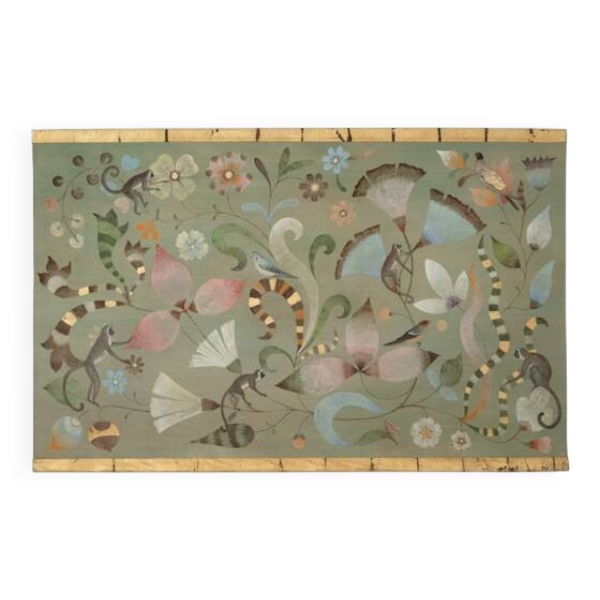 Canvas painted with a decor of lemurs, birds, and flowers. Contemporary.