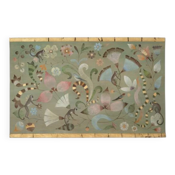 Canvas painted with a decor of lemurs, birds, and flowers. Contemporary.