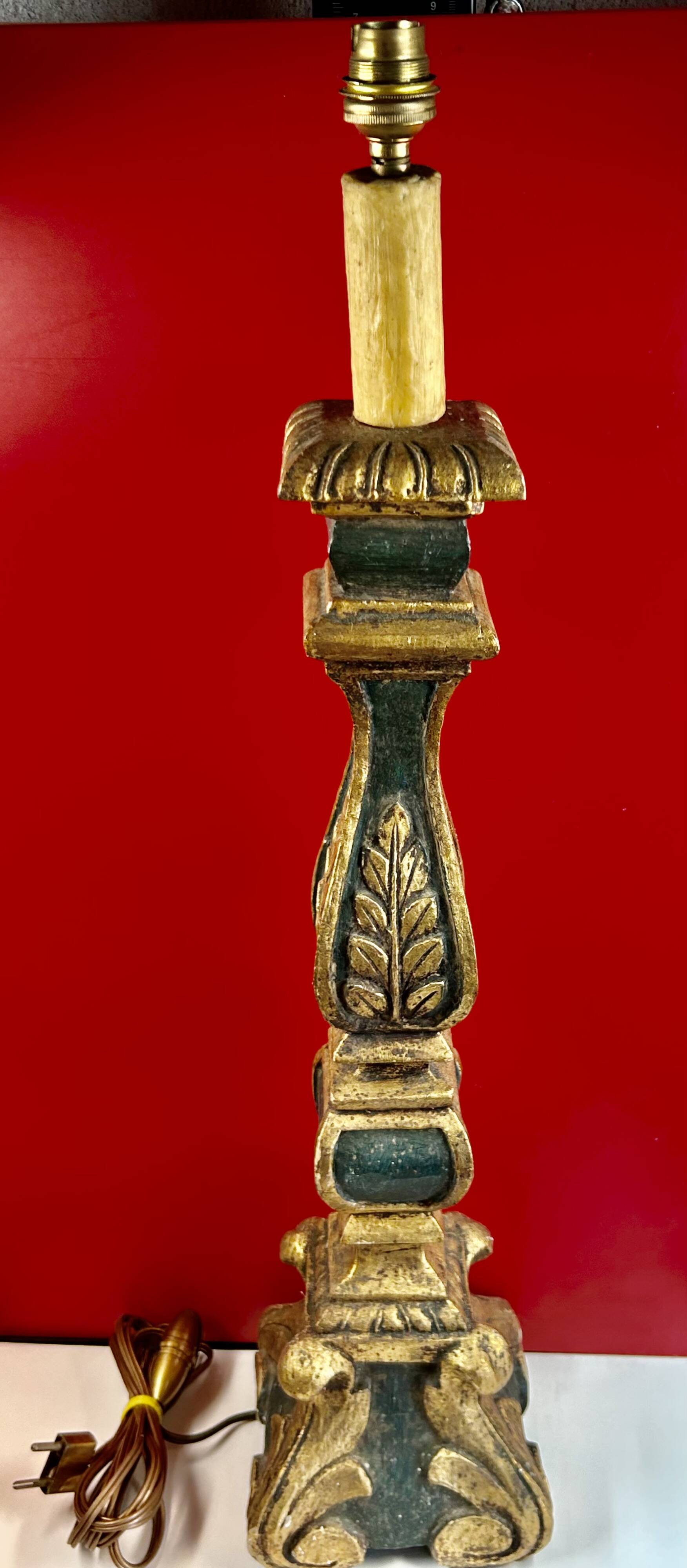 Large antique green and gold wooden lamp base, 66 cm high from the socket.