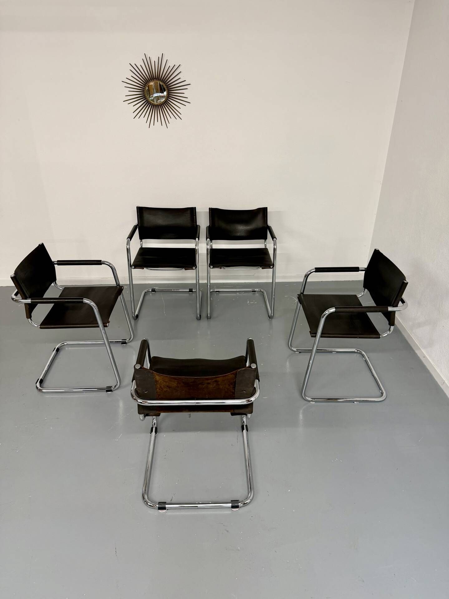 Lot of 5 tubular metal leather chairs designed by Mart Stam, Bauhaus, 1970s.