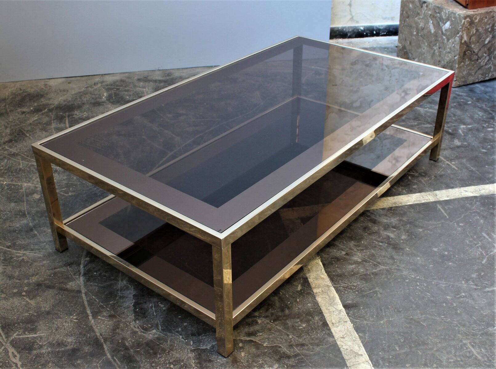 Coffee table with bronze mirror band by Belgo Chrom, 1970s.
