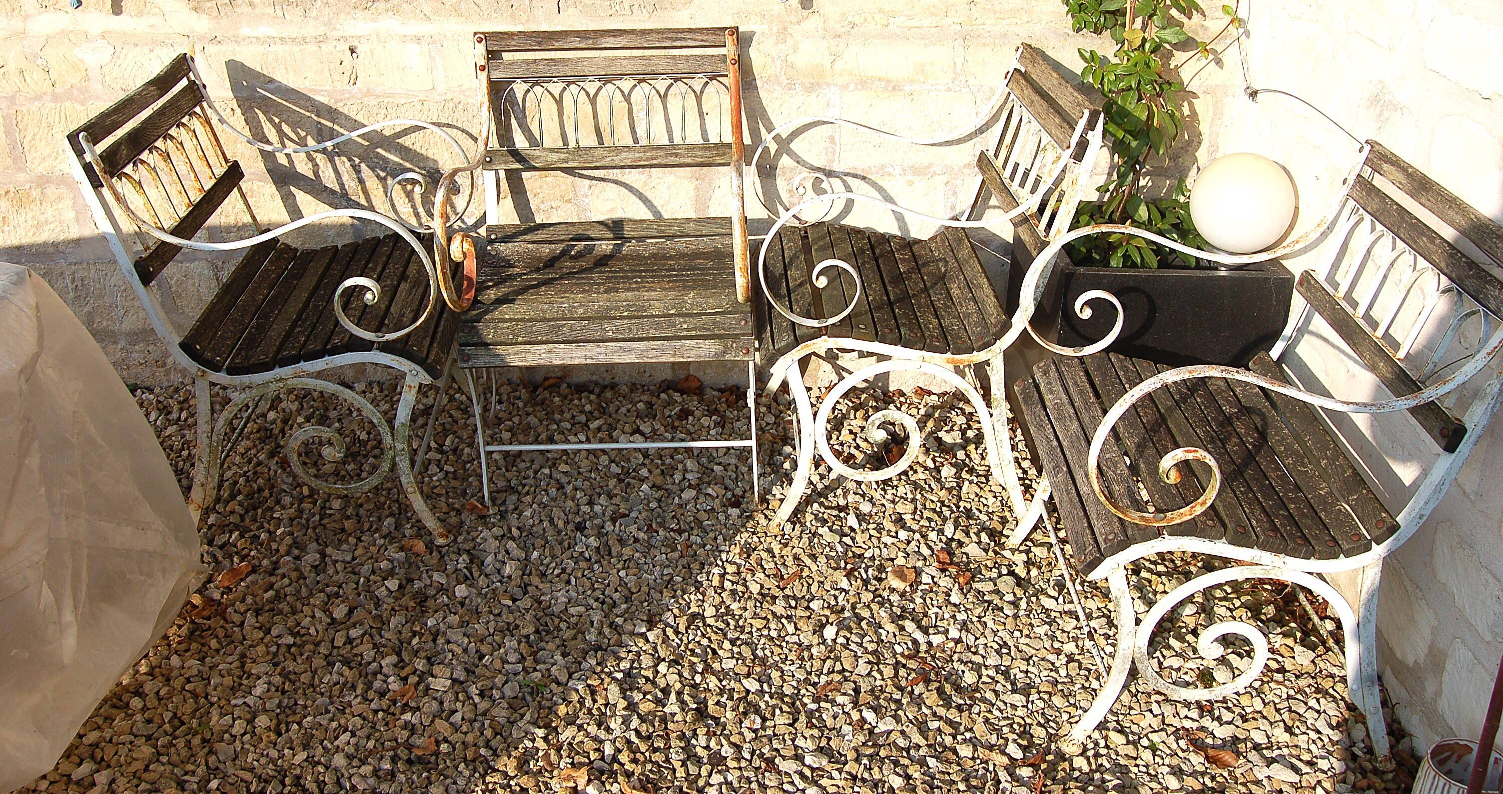 4 20TH CENTURY PAINTED WOOD AND METAL GARDEN CHAIRS