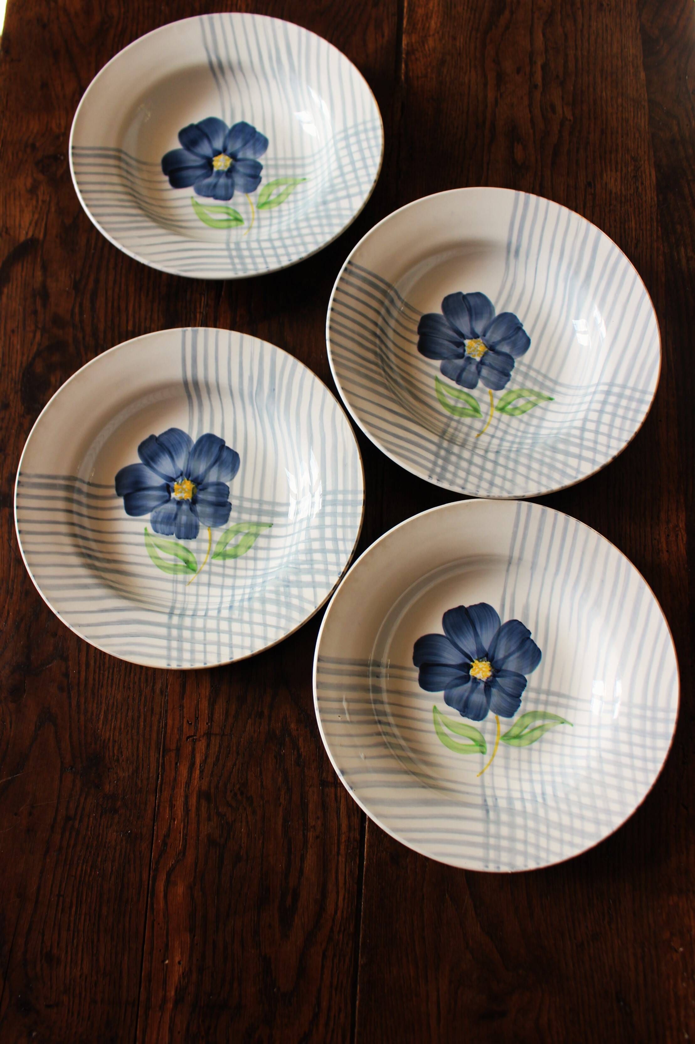 Lot 4 soup plates Blue Flower Hand Painted Collection Valentin Digoin Sarreguemines Coat of Arms