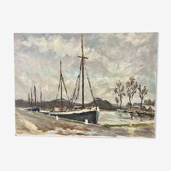 Huile sur toile attribuée à Robert Leparmentier (1893-1975) Bateaux au port