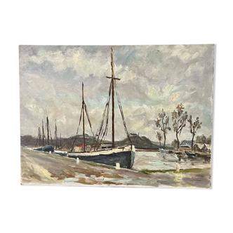 Oil on canvas attributed to Robert Leparmentier (1893-1975) Boats in port